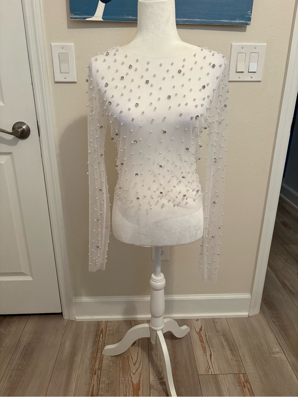 Embellished Sheer White Long-Sleeve Blouse